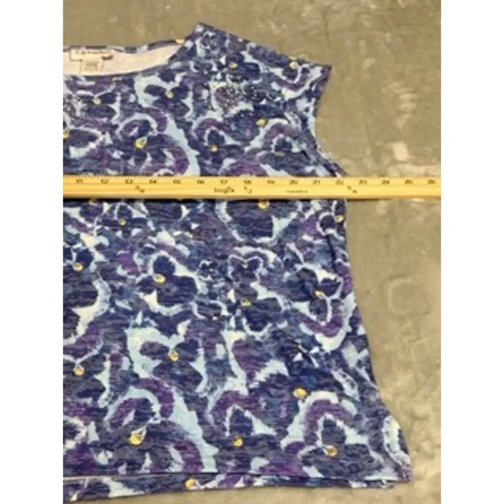 C.D. Petites Purple Blue Floral Embellished Top Large